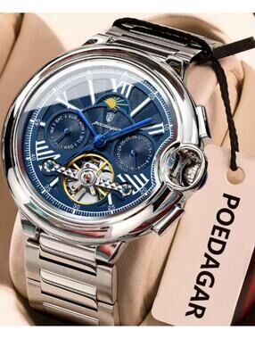 POEDAGAR Luxury Watch Date Stainless Steel Tourbillon Automatic (1413-blue)